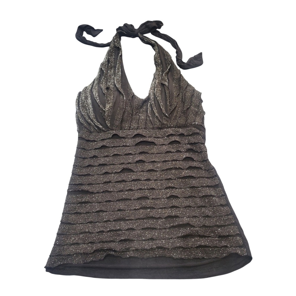 Vintage DEB‎ Y2K Black Silver Shimmer Tiered Ruffle Halter Top Party Clubwear S
